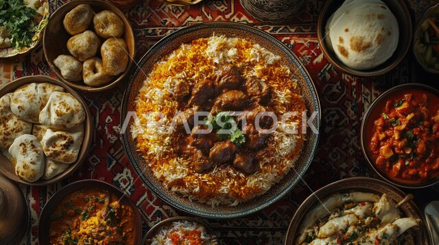 أجواء شهر رمضان المبارك، العزائم والولائم في الأعياد والمناسبات الاسلامية ، المقبلات والأطباق المعدنية  والأصناف العربية الشرقية اللذيذة ، مائدة طعام مليئة بالوجبات المتنوعة الرمضانية، سفرة من المأكولات الشعبية التقليدية الشهية