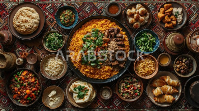 أجواء شهر رمضان المبارك، العزائم والولائم في الأعياد والمناسبات الاسلامية ، المقبلات والأطباق المعدنية  والأصناف العربية الشرقية اللذيذة ، مائدة طعام مليئة بالوجبات المتنوعة الرمضانية، سفرة من المأكولات الشعبية التقليدية الشهية