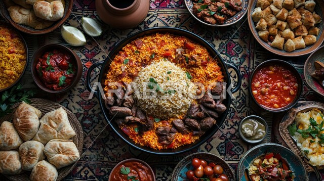 أجواء شهر رمضان المبارك، العزائم والولائم في الأعياد والمناسبات الاسلامية ، المقبلات والأطباق المعدنية  والأصناف العربية الشرقية اللذيذة ، مائدة طعام مليئة بالوجبات المتنوعة الرمضانية، سفرة من المأكولات الشعبية التقليدية الشهية