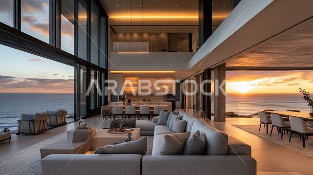 ديكورات داخلية أنيقة ومميزة, تصاميم عصرية حديثة لغرف الجلوس, أثاث منزلي فاخر وراقي, شقق وفلل سكنية في المملكة العربية السعودية, غرفة معيشة مع واجهات زجاجية كبيرة مطلة على البحر