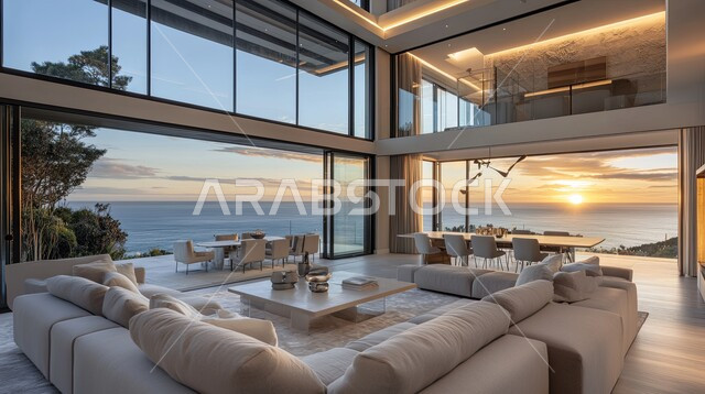 تصاميم عصرية حديثة لغرف الجلوس, أثاث منزلي فاخر وراقي, شقق وفلل سكنية في المملكة العربية السعودية, غرفة معيشة مع واجهات زجاجية كبيرة مطلة على البحر, ديكورات داخلية أنيقة ومميزة