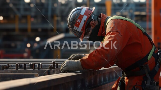تجهيز وتوصيل الحديد بمعدات وأدوات لحامية خاصة، متابعة سير العمل في ورش الحدادة بمهارة وإتقان، عامل عربي خليجي سعودي يرتدي الزي الخاص بالمهنة يقوم بلحام المعدن داخل المصنع في المملكة العربية السعودية، وظائف ومهن صناعية للشباب