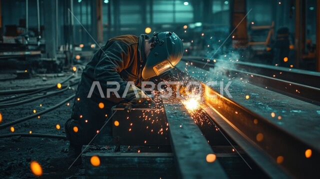 وظائف ومهن صناعية للشباب، متابعة سير العمل في ورش الحدادة بمهارة وإتقان، عامل عربي خليجي سعودي يرتدي الزي الخاص بالمهنة يقوم بلحام المعدن داخل المصنع في المملكة العربية السعودية، تجهيز وتوصيل الحديد بمعدات وأدوات لحامية خاصة