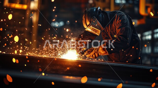 Following up the workflow in the blacksmith workshops with skill and mastery, a Saudi Gulf Arab worker wearing the special uniform of the profession welds metal inside the factory in the Kingdom of Saudi Arabia, industrial jobs and professions for young people, preparing and connecting iron with special welding equipment and tools