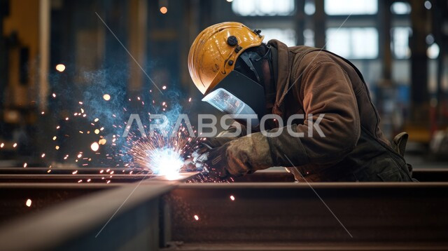 Wearing protective clothing to protect against sparks in the laboratory, preparing and connecting iron with special welding equipment and tools, a Saudi Arabian Gulf worker wearing the special uniform of the profession welds metal inside the factory in the Kingdom of Saudi Arabia, industrial jobs and professions for young people