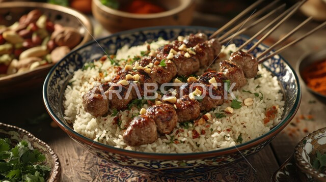 طبق من الارز مع أسياخ من لحم الغنم المشوية المزينة بالخضار المفرومة، أطباق ووجبات عربية تقليدية شعبية، وصفات طعام المطبخ السعودي، مطاعم للمأكولات العربية الشرقية