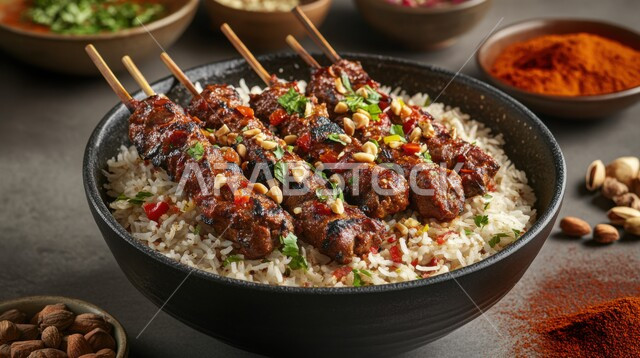 A plate of rice with skewers of grilled lamb garnished with chopped ...