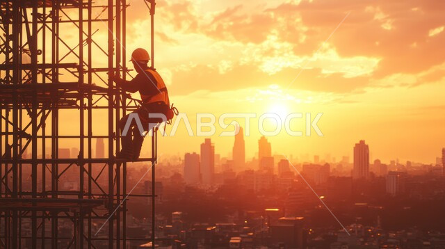 أعمال البناء وصب الخرسانات ووضع الأساسات الأولية، تنفيذ مخطط الإعمار وتشكيل الهيكل المعدني، الآلات والمعدات الثقيلة والرافعات والسقالات العالية، عامل عربي خليجي سعودي يرتدي سترة وخوذة الحماية يقوم بالعمل في مبنى قيد الإنشاء بالمملكة العربية السعودية