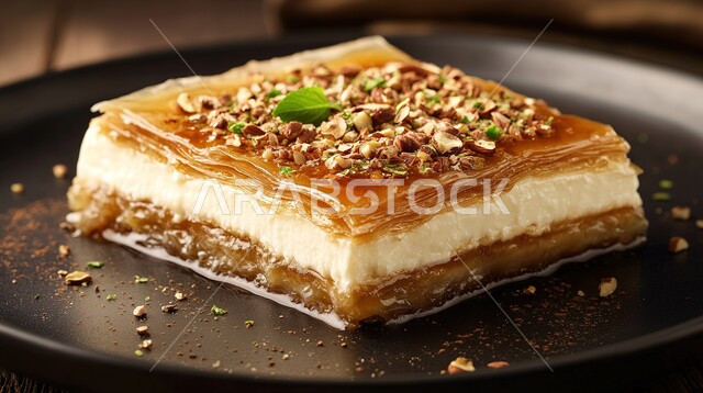 A plate of delicious baklava stuffed with a creamy layer and walnuts, an oriental dessert decorated with pistachios, local national products, hospitality for holidays and occasions in Saudi Arabia, dishes rich in sugars and calories, hospitality in the Kingdom, recipes for oriental Arabic foods
