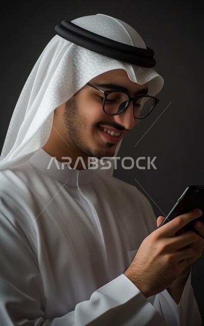 استخدام الأجهزة التقنية الحديثة، بورتريه مقرب لرجل عربي خليجي سعودي يرتدي الغترة والثوب التقليدي والنظارات الطبية يمسك بيده الهاتف المحمول يقوم بتصفح مواقع التواصل الاجتماعي، الدردشة والتواصل مع الأهل و الأصدقاء بإيماءات الفرح والسرور، خلفية سوداء