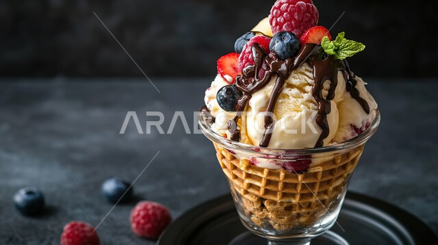 A bowl of ice cream with fruit and vanilla waffles, ice cream topped with fresh fruit and rich chocolate sauce, summer refreshments, foods full of sugar and calories, cool summer desserts