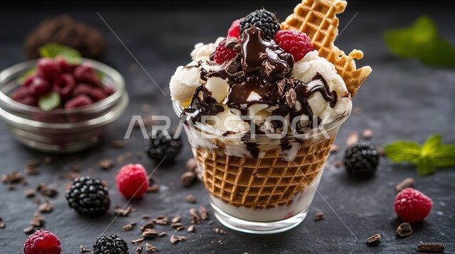 A bowl of ice cream with fruit and vanilla waffles, ice cream topped with fresh fruit and rich chocolate sauce, summer refreshments, foods full of sugar and calories, cool summer desserts