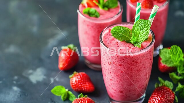 كوكتيل صيفي منعش ومثلج، كوب من عصير الفراولة المزين بأوراق النعناع الطازجة، مشروب بارد خليط من الفواكه والمنكهات اللذيذة، مشروبات باردة وعصائر طبيعية صحية ومفيدة