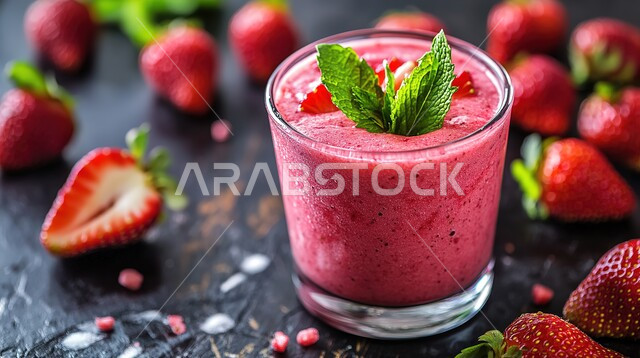 كوكتيل صيفي منعش ومثلج، كوب من عصير الفراولة المزين بأوراق النعناع الطازجة، مشروب بارد خليط من الفواكه والمنكهات اللذيذة، مشروبات باردة وعصائر طبيعية صحية ومفيدة