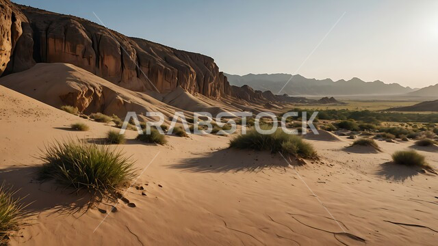 التشكيلات والكثبان الرملية الكثيفة, التضاريس الصخرية في الصحراء, منظر الرمال الذهبية الناعمة تحت أشعة الشمس, المساحات الواسعة في صحاري المملكة العربية السعودية, نمو النباتات الشوكية في المناطق الصحراوية