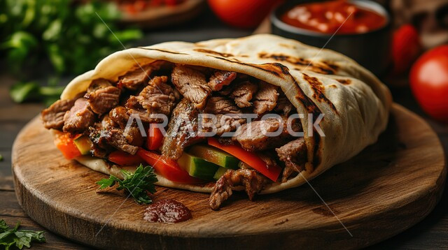  ساندوتش لحم البقر المشوي المتبل، المأكولات المقدمة بخبز البيتا مع الخضراوات والصلصات اللذيذة, وجبات الطعام السريعة الشهية المقدمة مع الطماطم والخضار على قاعدة خشبية، وصفات الأكل المميزة ذات الطعم الغني بالنكهات في مطاعم المملكة العربية السعودية