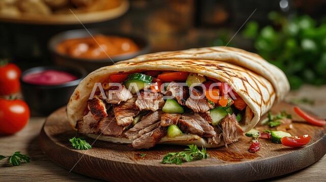 ساندوتش لحم البقر المشوي المتبل، المأكولات المقدمة بخبز البيتا مع الخضراوات والصلصات اللذيذة, وجبات الطعام السريعة الشهية المقدمة مع الطماطم والخضار على قاعدة خشبية، وصفات الأكل المميزة ذات الطعم الغني بالنكهات في مطاعم المملكة العربية السعودية