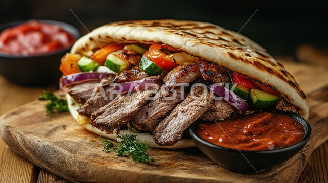 ساندوتش لحم البقر المشوي المتبل، المأكولات المقدمة بخبز البيتا مع الخضراوات والصلصات اللذيذة, وجبات الطعام السريعة الشهية المقدمة مع الطماطم والخضار على قاعدة خشبية، وصفات الأكل المميزة ذات الطعم الغني بالنكهات في مطاعم المملكة العربية السعودية