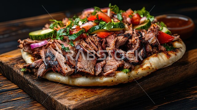 ساندوتش لحم البقر المشوي المتبل، المأكولات المقدمة بخبز البيتا مع الخضراوات والصلصات اللذيذة, وجبات الطعام السريعة الشهية المقدمة مع الطماطم والخضار على قاعدة خشبية، وصفات الأكل المميزة ذات الطعم الغني بالنكهات في مطاعم المملكة العربية السعودية