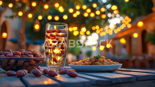 ديكورات وزينة رمضان المبارك, تحف واكسسوارت متميزة, ضيافة رمضانية شهية, الأجواء الروحانية والاحتفال بالمناسبات والأعياد الدينية الاسلامية، فانوس معدني تقليدي مضيء مع طبق من التمر بجانب الماء, وجبات الإفطار الخفيفة المفيدة والصحية
