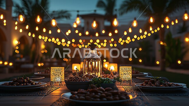 Delicious Ramadan hospitality tables, healthy and useful light breakfast meals, spiritual atmosphere and celebration of Islamic religious occasions and holidays, Ramadan decorations and ornaments, distinctive antiques and accessories, traditional illuminated metal lanterns with plates of fresh dates