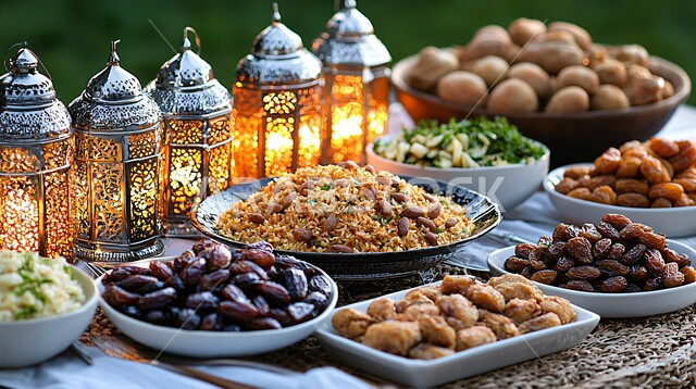 Delicious Ramadan hospitality tables, healthy and useful light breakfast meals, spiritual atmosphere and celebration of Islamic religious occasions and holidays, Ramadan decorations and ornaments, distinctive antiques and accessories, traditional illuminated metal lanterns with plates of fresh dates
