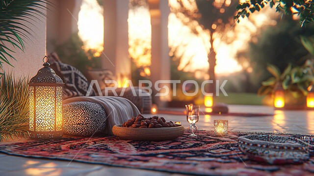 ديكورات وزينة رمضان المبارك, تحف واكسسوارت متميزة, ضيافة رمضانية شهية, الأجواء الروحانية والاحتفال بالمناسبات والأعياد الدينية الاسلامية، فانوس معدني تقليدي مضيء مع طبق من التمر بجانب الماء, وجبات الإفطار الخفيفة المفيدة والصحية