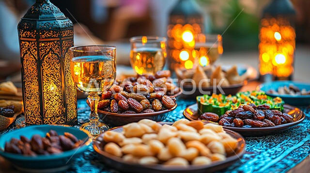 ديكورات وزينة رمضان المبارك, تحف واكسسوارت متميزة, ضيافة رمضانية شهية, الأجواء الروحانية والاحتفال بالمناسبات والأعياد الدينية الاسلامية، فانوس معدني تقليدي مضيء مع طبق من التمر بجانب الماء, وجبات الإفطار الخفيفة المفيدة والصحية