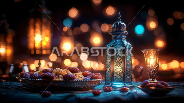 ديكورات وزينة رمضان المبارك, تحف واكسسوارت متميزة, ضيافة رمضانية شهية, الأجواء الروحانية والاحتفال بالمناسبات والأعياد الدينية الاسلامية، فانوس معدني تقليدي مضيء مع طبق من التمر بجانب الماء, وجبات الإفطار الخفيفة المفيدة والصحية