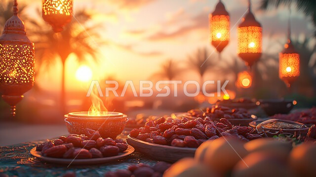 Delicious Ramadan hospitality tables, healthy and useful light breakfast meals, spiritual atmosphere and celebration of Islamic religious occasions and holidays, Ramadan decorations and ornaments, distinctive antiques and accessories, traditional illuminated metal lanterns with plates of fresh dates