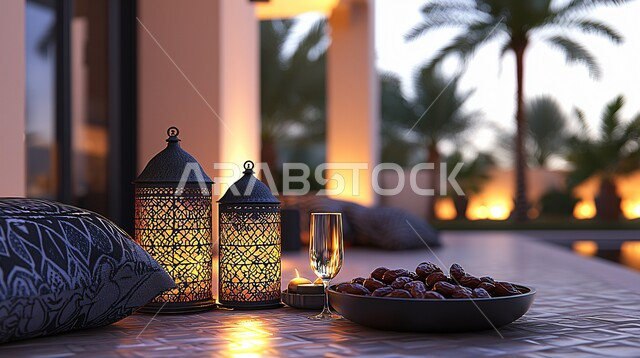 الأجواء الروحانية والاحتفال بالمناسبات والأعياد الدينية الاسلامية، ديكورات وزينة رمضان المبارك, تحف واكسسوارت متميزة, ضيافة رمضانية شهية, فانوس معدني تقليدي مضيء مع طبق من التمر بجانب الماء, وجبات الإفطار الخفيفة المفيدة والصحية