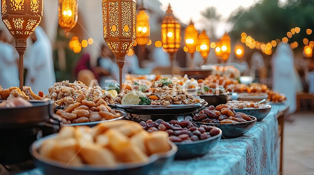 Delicious Ramadan hospitality tables, healthy and useful light breakfast meals, spiritual atmosphere and celebration of Islamic religious occasions and holidays, Ramadan decorations and ornaments, distinctive antiques and accessories, traditional illuminated metal lanterns with plates of fresh dates