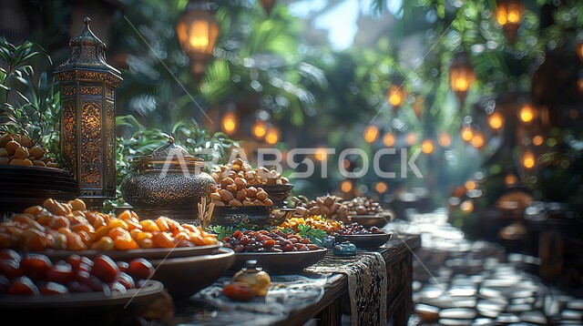 موائد الضيافة الرمضانية الشهية, وجبات الإفطار الخفيفة المفيدة والصحية، الأجواء الروحانية والاحتفال بالمناسبات والأعياد الدينية الاسلامية، ديكورات وزينة رمضان المبارك, تحف واكسسوارت متميزة, فوانيس معدنية تقليدية مضيئة مع أطباق من التمور الطازجة