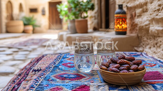 الأجواء الروحانية والاحتفال بالمناسبات والأعياد الدينية الاسلامية، ديكورات وزينة رمضان المبارك, تحف واكسسوارت متميزة, ضيافة رمضانية شهية, فانوس معدني تقليدي مضيء مع طبق من التمر بجانب الماء, وجبات الإفطار الخفيفة المفيدة والصحية