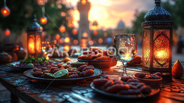 الأجواء الروحانية والاحتفال بالمناسبات والأعياد الدينية الاسلامية، ديكورات وزينة رمضان المبارك, تحف واكسسوارت متميزة, ضيافة رمضانية شهية, فانوس معدني تقليدي مضيء مع طبق من التمر بجانب الماء, وجبات الإفطار الخفيفة المفيدة والصحية
