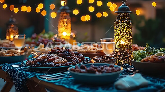 الأجواء الروحانية والاحتفال بالمناسبات والأعياد الدينية الاسلامية، ديكورات وزينة رمضان المبارك, تحف واكسسوارت متميزة, ضيافة رمضانية شهية, فانوس معدني تقليدي مضيء مع طبق من التمر بجانب الماء, وجبات الإفطار الخفيفة المفيدة والصحية