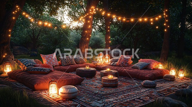  فوانيس معدنية تقليدية معلقة مضيئة في الجلسات العربية الخارجية المريحة، الاستمتاع بالأجواء الروحانية والاحتفال بالمناسبات والأعياد الدينية الاسلامية، ديكورات وزينة رمضان المبارك, تحف واكسسوارت متميزة