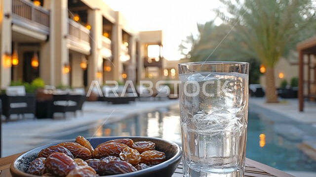 وجبات الإفطار الخفيفة المفيدة والصحية، الأجواء الروحانية والاحتفال بالمناسبات والأعياد الدينية الاسلامية، ديكورات وزينة رمضان المبارك, تحف واكسسوارت متميزة, ضيافة رمضانية شهية, فانوس معدني تقليدي مضيء مع طبق من التمور الطازجة