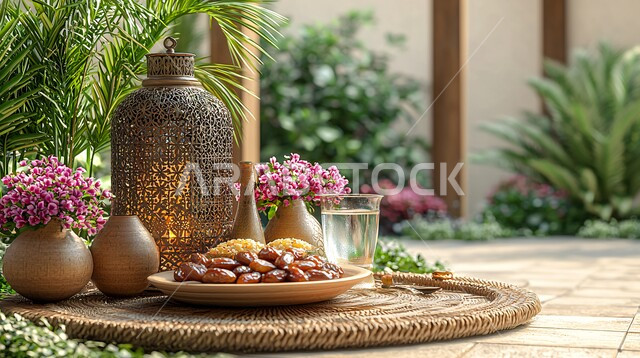 الأجواء الروحانية والاحتفال بالمناسبات والأعياد الدينية الاسلامية، ديكورات وزينة رمضان المبارك, تحف واكسسوارت متميزة, ضيافة رمضانية شهية, فانوس معدني تقليدي مضيء مع طبق من التمر بجانب الماء, وجبات الإفطار الخفيفة المفيدة والصحية
