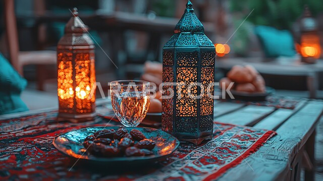 وجبات الإفطار الخفيفة المفيدة والصحية، الأجواء الروحانية والاحتفال بالمناسبات والأعياد الدينية الاسلامية، ديكورات وزينة رمضان المبارك, تحف واكسسوارت متميزة, ضيافة رمضانية شهية, فانوس معدني تقليدي مضيء مع طبق من التمر بجانب الماء