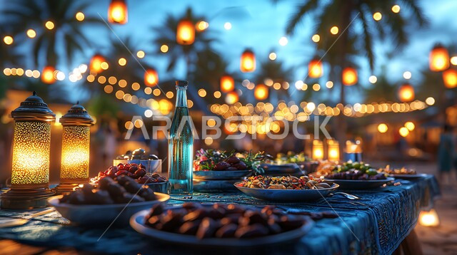 وجبات الإفطار الخفيفة المفيدة والصحية، الأجواء الروحانية والاحتفال بالمناسبات والأعياد الدينية الاسلامية، ديكورات وزينة رمضان المبارك, تحف واكسسوارت متميزة, ضيافة رمضانية شهية, فانوس معدني تقليدي مضيء مع طبق من التمر بجانب الماء