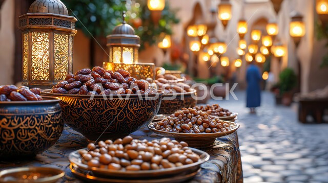 وجبات الإفطار الخفيفة المفيدة والصحية، الأجواء الروحانية والاحتفال بالمناسبات والأعياد الدينية الاسلامية، ديكورات وزينة رمضان المبارك, تحف واكسسوارت متميزة, ضيافة رمضانية شهية, فانوس معدني تقليدي مضيء مع طبق من التمر بجانب الماء