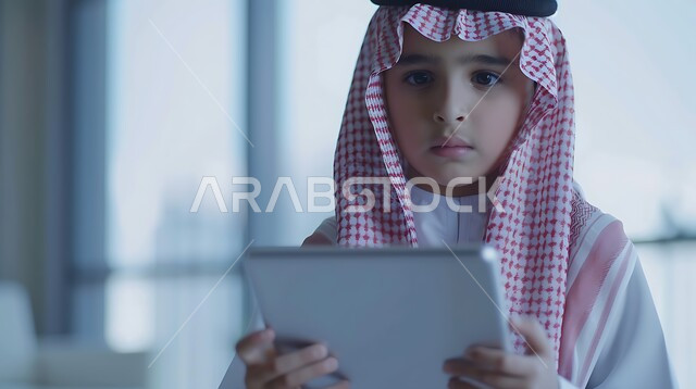 Enjoying watching your favorite entertainment programs with gestures of pleasure, a close-up of a smiling Saudi Arabian Gulf boy wearing a traditional thobe and shemagh holding a tablet, using modern technologies to provide generations with useful information