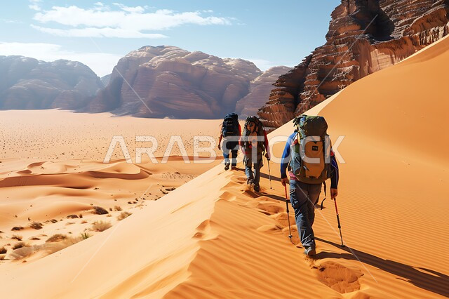 مفهوم حب المغامرات والاستكشاف، التشكيلات والتكوينات الصخرية في المملكة العربية السعودية، الكثبان والتلال الرملية، الاستمتاع بالمناظر الطبيعيه في صحاري الواسعة، صورة من الخلف لمجموعة من السياح يشقون طريقهم وسط القمم والمرتفعات الجبلية في وقت النهار