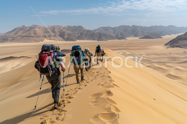 مفهوم حب المغامرات والاستكشاف، التشكيلات والتكوينات الصخرية في المملكة العربية السعودية، الكثبان والتلال الرملية، الاستمتاع بالمناظر الطبيعيه في صحاري الواسعة، صورة من الخلف لمجموعة من السياح يشقون طريقهم وسط القمم والمرتفعات الجبلية في وقت النهار
