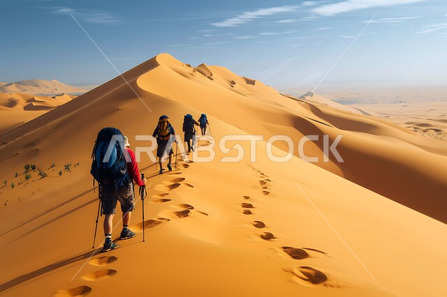 مفهوم حب المغامرات والاستكشاف، التشكيلات والتكوينات الصخرية في المملكة العربية السعودية، الكثبان والتلال الرملية، الاستمتاع بالمناظر الطبيعيه في صحاري الواسعة، صورة من الخلف لمجموعة من السياح يشقون طريقهم وسط القمم والمرتفعات الجبلية في وقت النهار