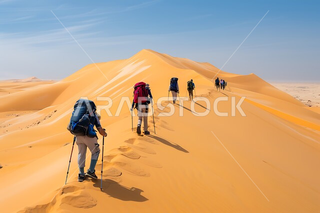 الاستمتاع بالمناظر الطبيعيه في صحاري الواسعة، مفهوم حب المغامرات والاستكشاف، التشكيلات والتكوينات الصخرية في المملكة العربية السعودية، الكثبان والتلال الرملية، صورة من الخلف لمجموعة من السياح يشقون طريقهم وسط القمم والمرتفعات الجبلية في وقت النهار