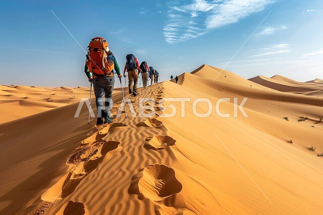 الاستمتاع بالمناظر الطبيعيه في صحاري الواسعة، مفهوم حب المغامرات والاستكشاف، التشكيلات والتكوينات الصخرية في المملكة العربية السعودية، الكثبان والتلال الرملية، صورة من الخلف لمجموعة من السياح يشقون طريقهم وسط القمم والمرتفعات الجبلية في وقت النهار