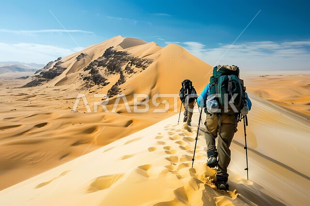 Enjoying the scenery in the vast deserts, the concept of adventure and exploration, rock formations and formations in the Kingdom of Saudi Arabia, sand dunes and hills, a picture from the back of a group of tourists making their way through the mountain peaks and heights during the day