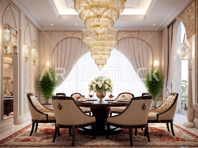 طاولة طعام خشبية محاطة بكراسي، استخدام الطراز الفني الانيق في الاثاث المنزلي، غرفة سفرة بتصاميم كلاسيكية راقية، ديكورات داخلية حديثة، شقق وفلل سكنية في المملكة العربية السعودية، الواجهات والنوافذ الزجاجية الضخمة